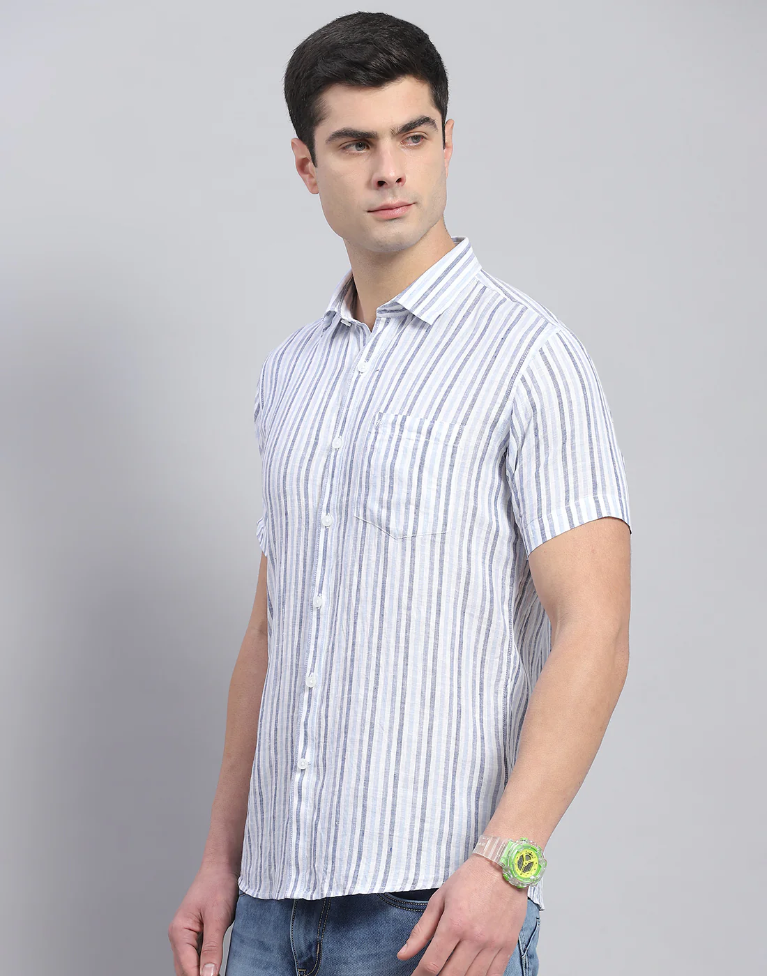 Men Blue Stripe Collar Half Sleeve Linen Shirt - Image 4