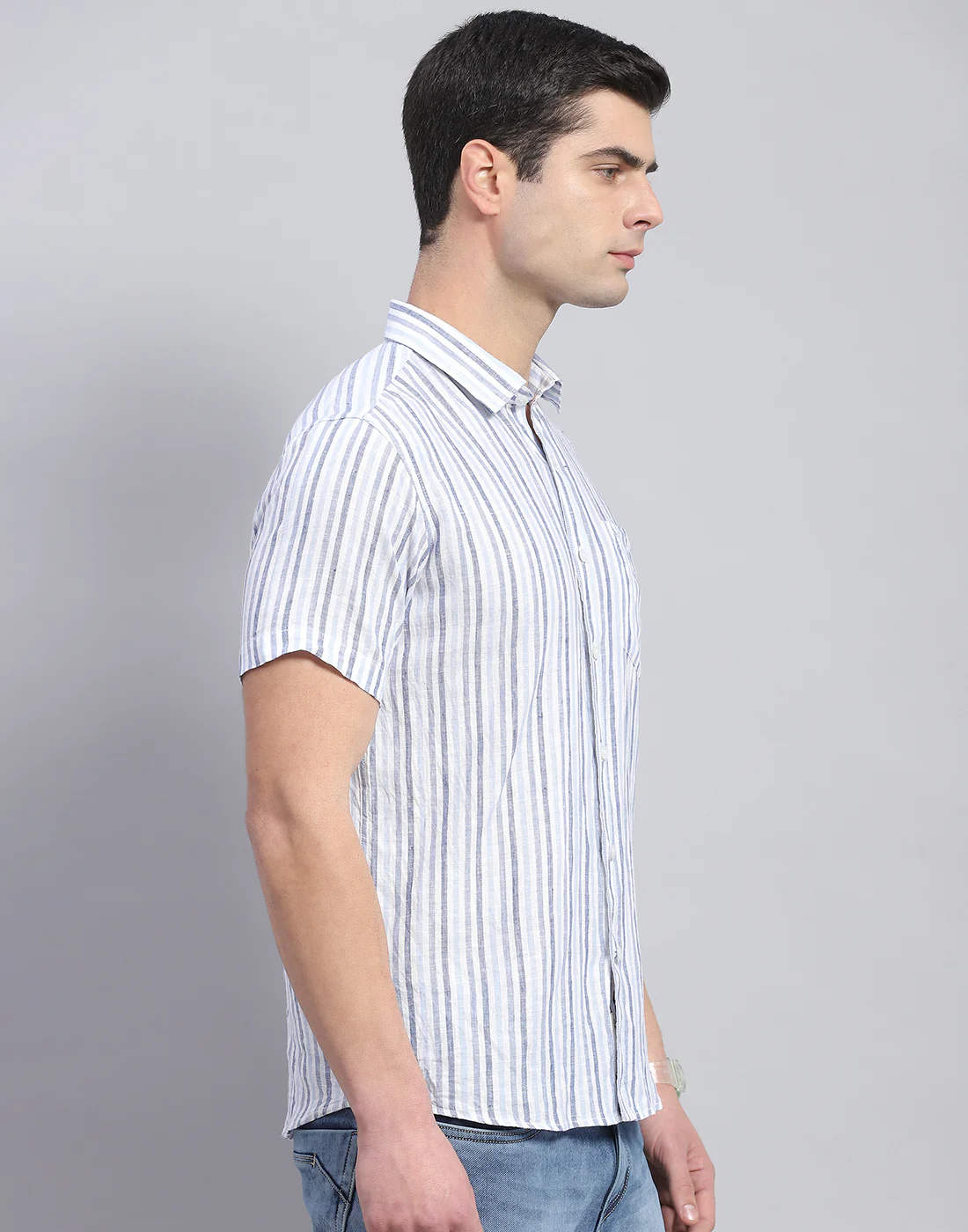 Men Blue Stripe Collar Half Sleeve Linen Shirt - Image 5