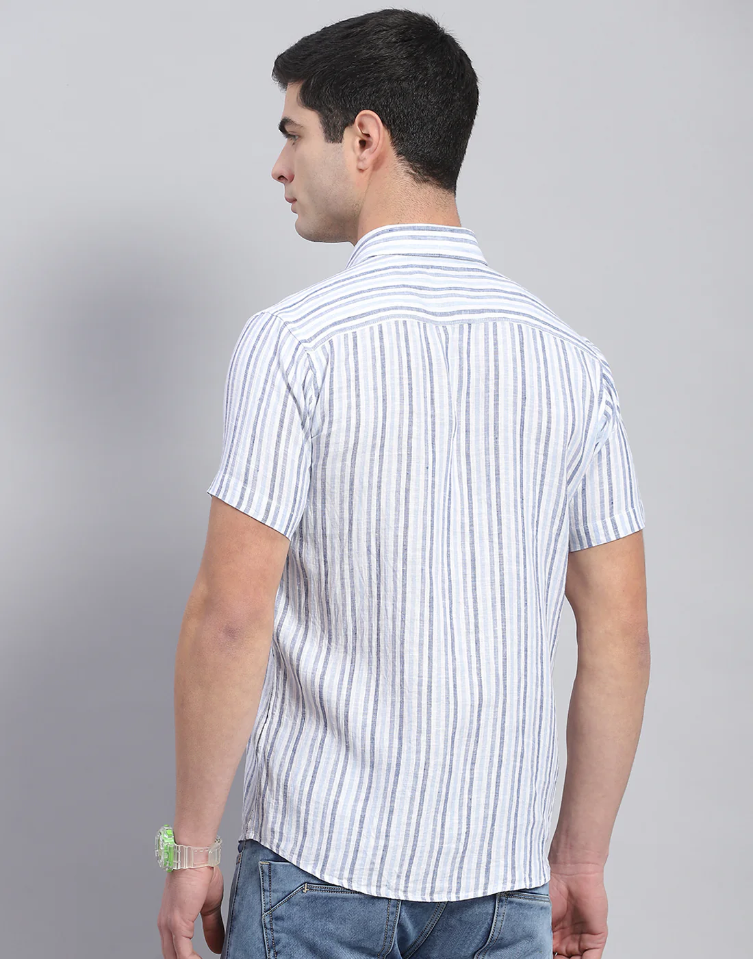 Men Blue Stripe Collar Half Sleeve Linen Shirt - Image 6