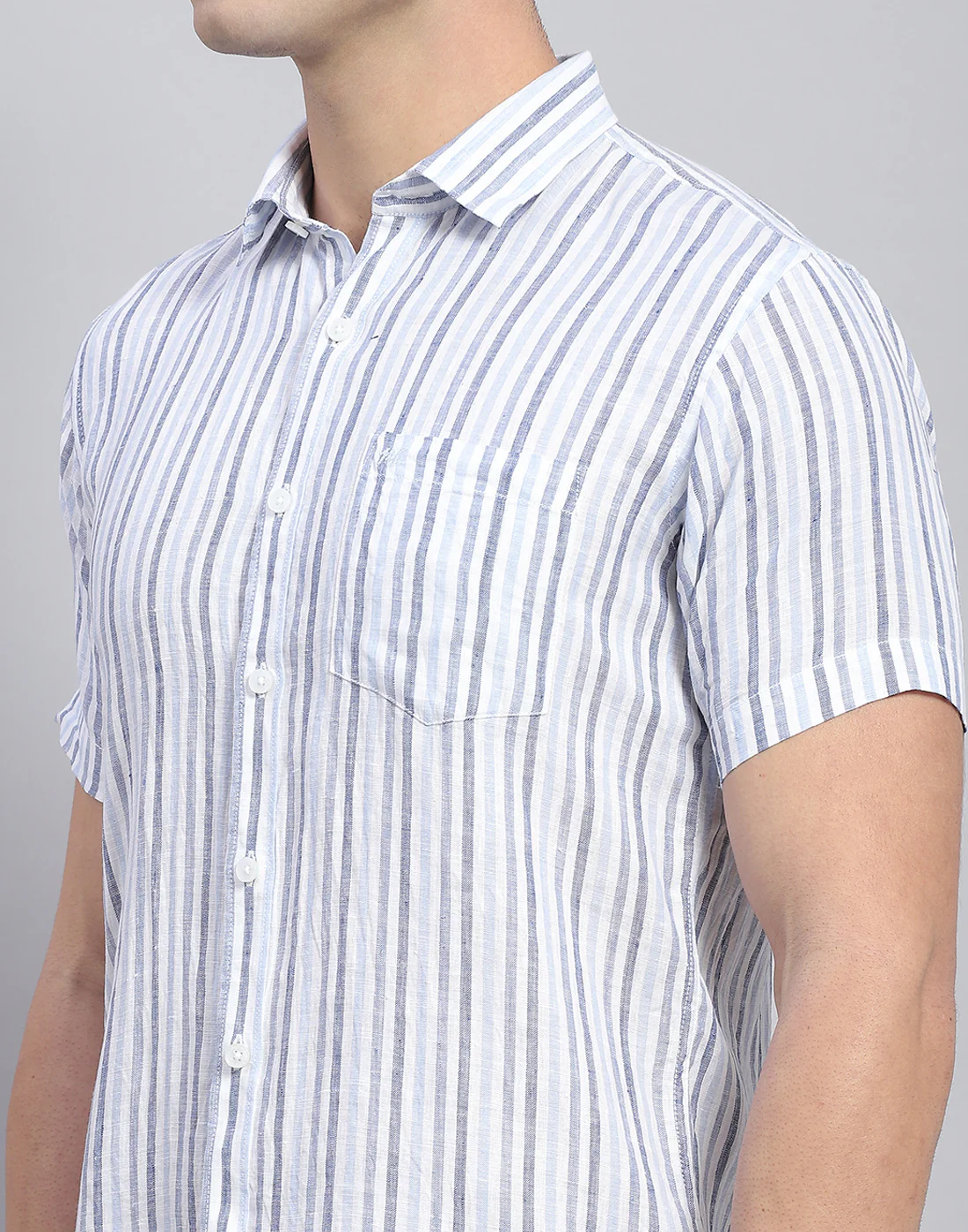 Men Blue Stripe Collar Half Sleeve Linen Shirt - Image 7