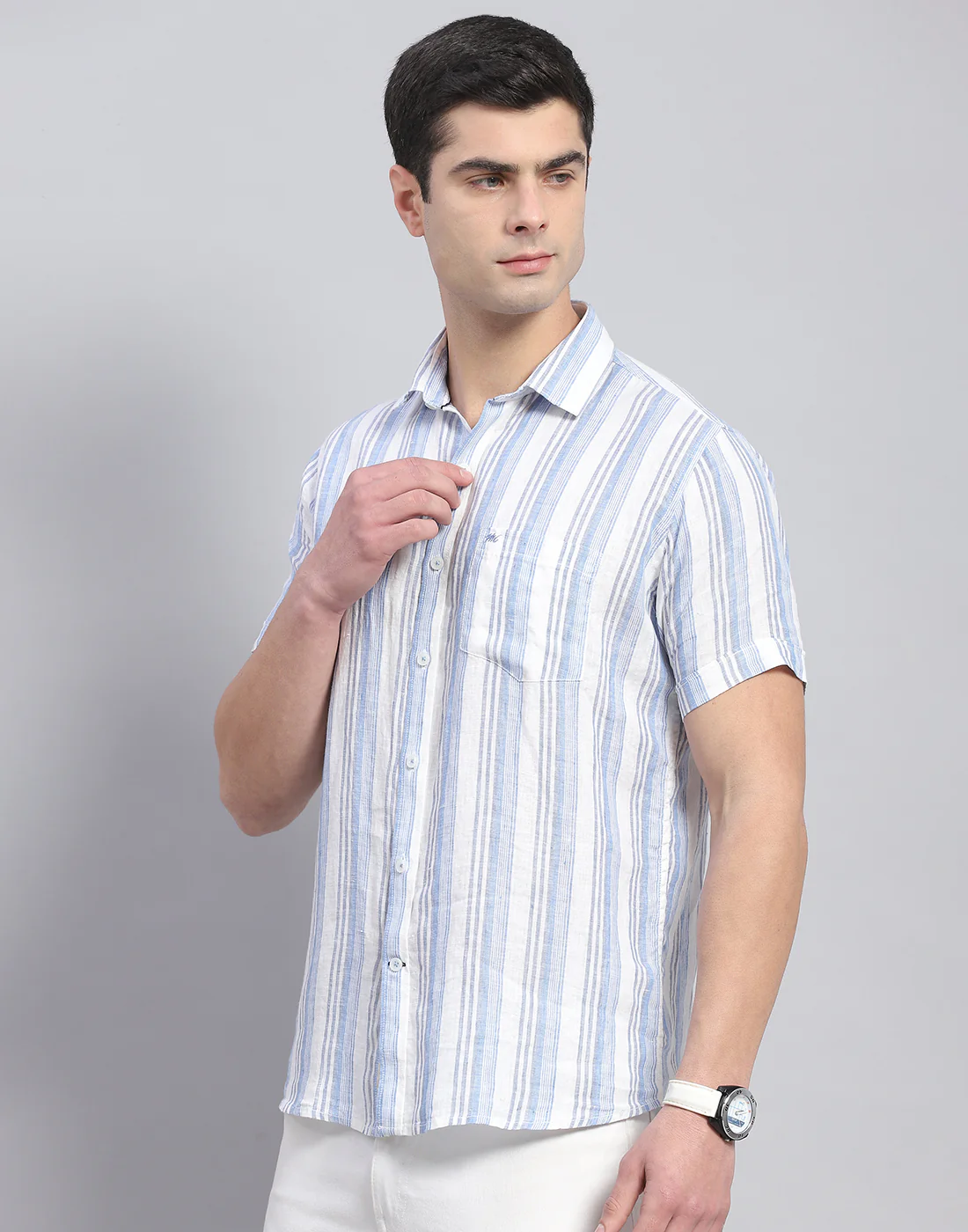 Men Blue Stripe Collar Half Sleeve Linen Shirt - Image 4