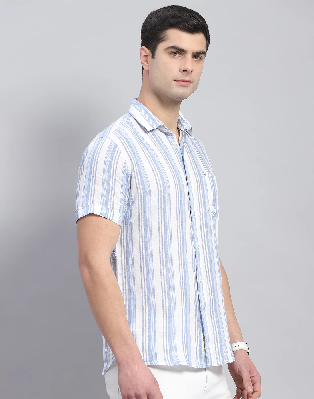 Men Blue Stripe Collar Half Sleeve Linen Shirt - Image 5