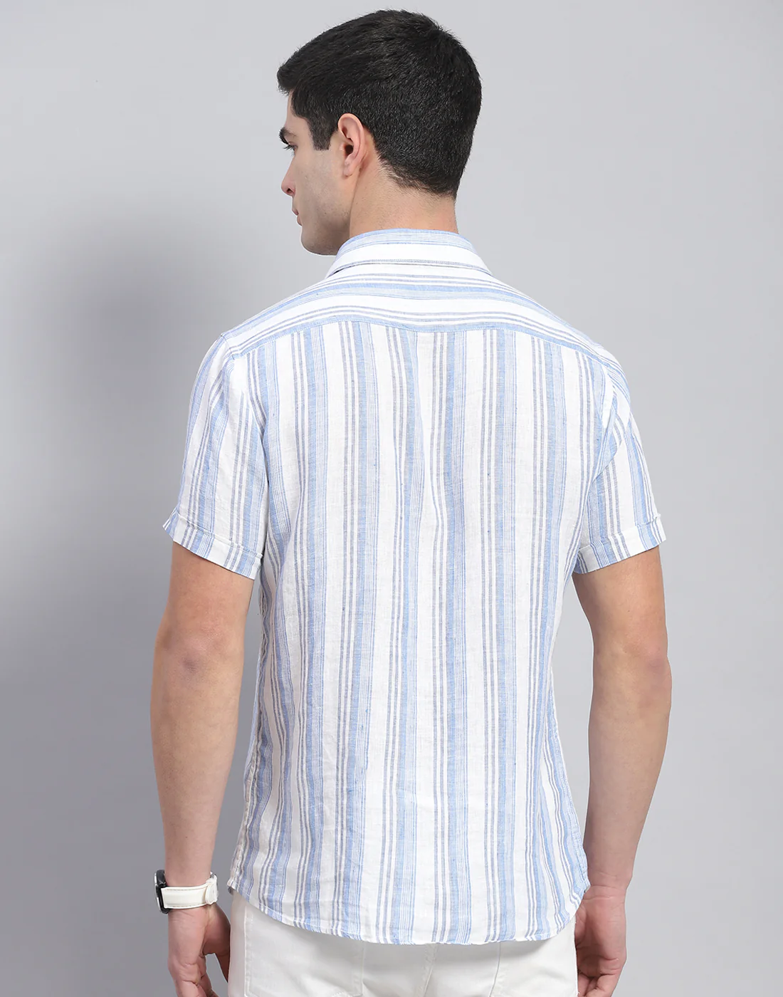 Men Blue Stripe Collar Half Sleeve Linen Shirt - Image 6