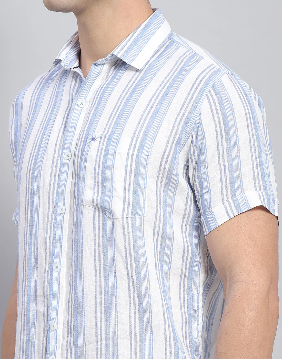 Men Blue Stripe Collar Half Sleeve Linen Shirt - Image 7