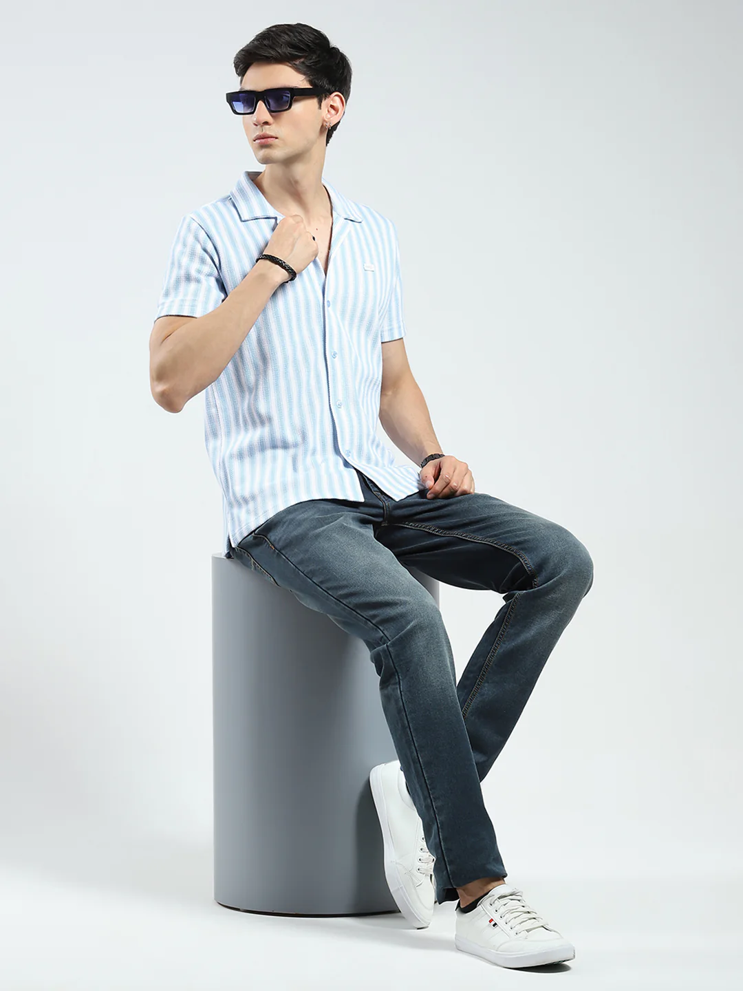 Men Blue Stripe Collar Half Sleeve Shirt - Image 2