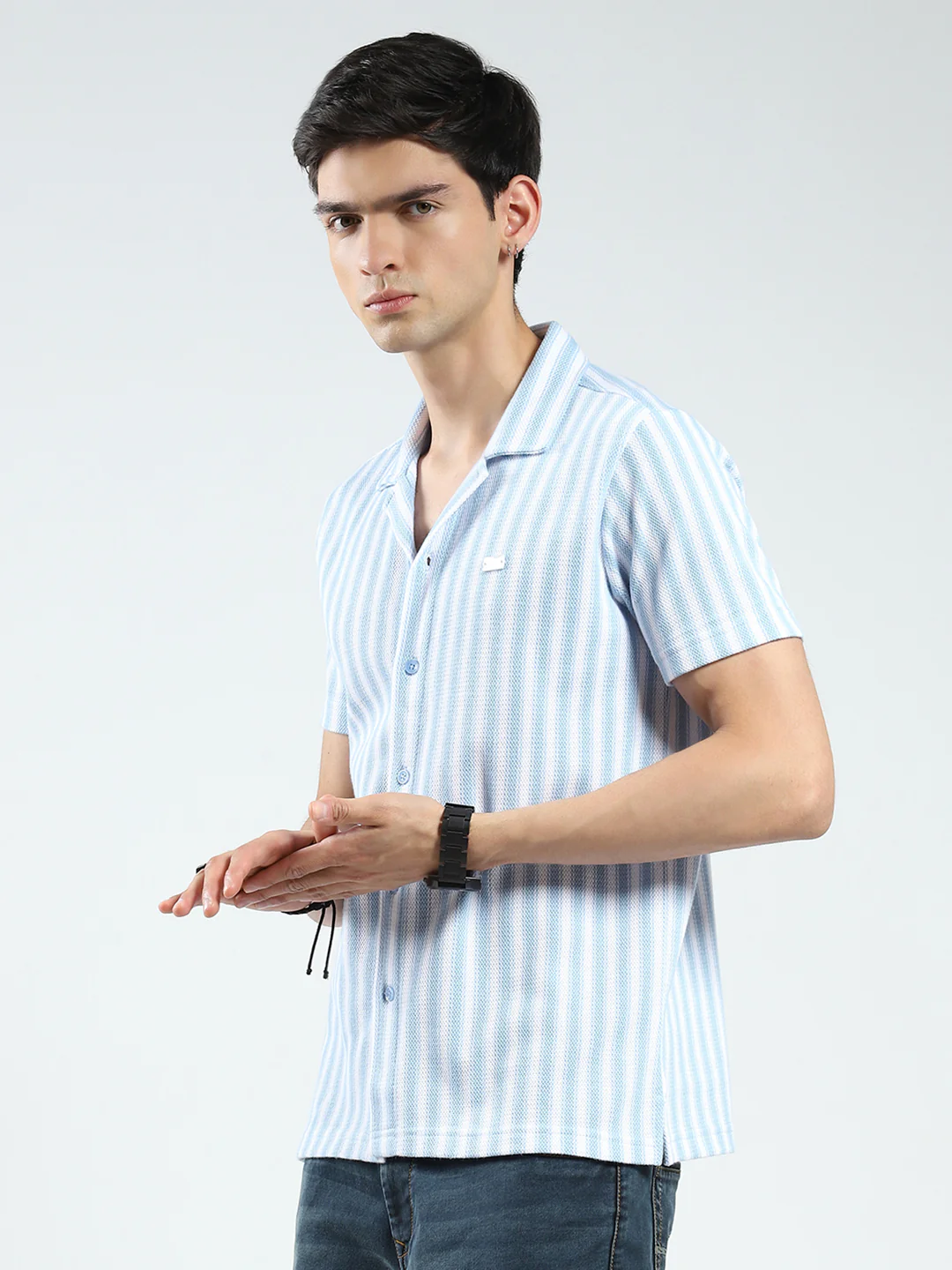 Men Blue Stripe Collar Half Sleeve Shirt - Image 3