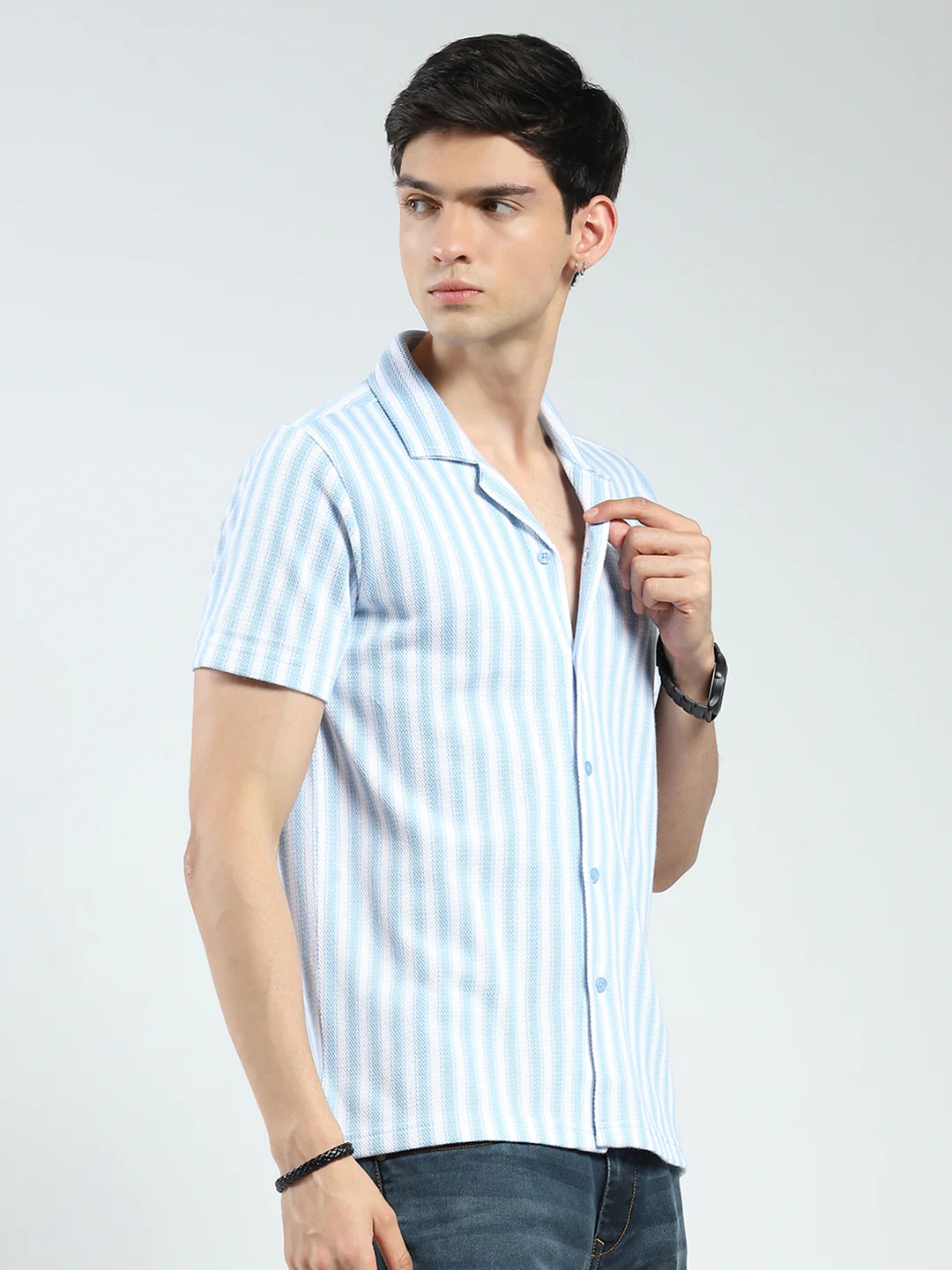 Men Blue Stripe Collar Half Sleeve Shirt - Image 4