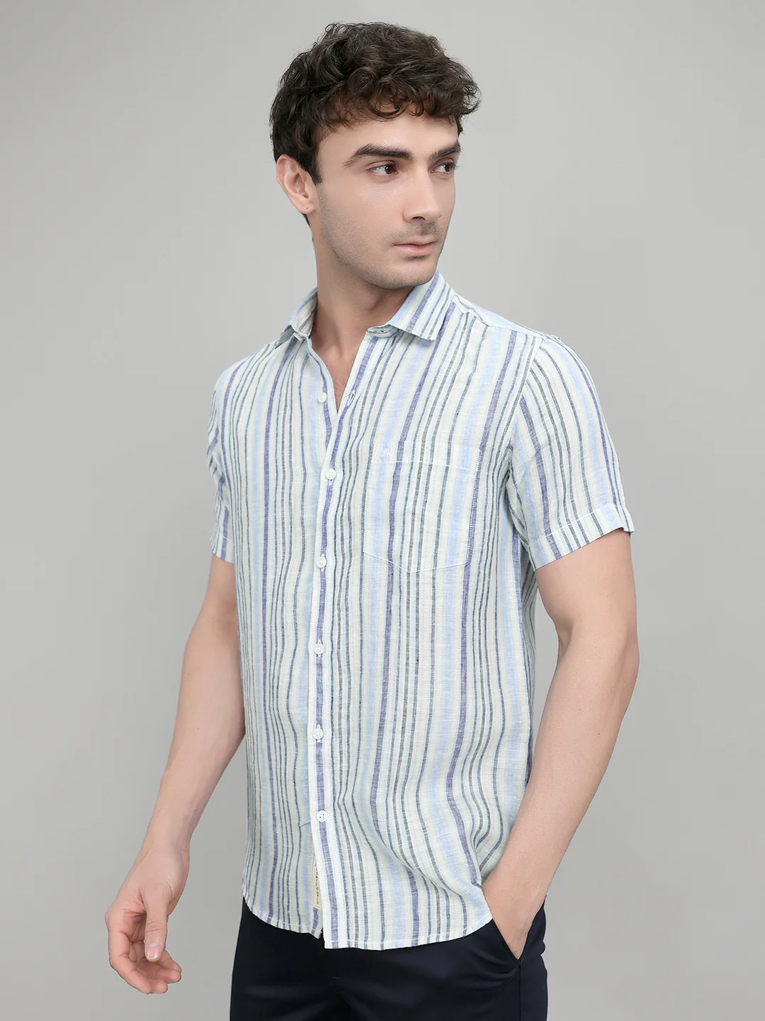 Men Blue Stripe Collar Half Sleeve Shirt - Image 2