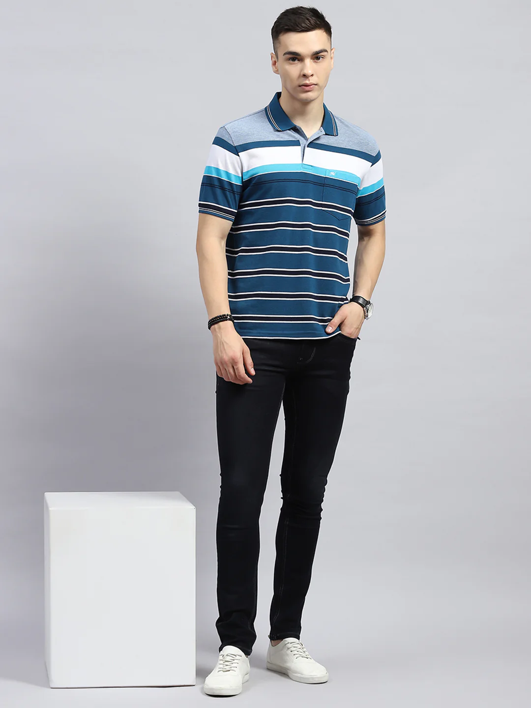 Men Blue Stripe Collar Half Sleeve T-Shirt - Image 2