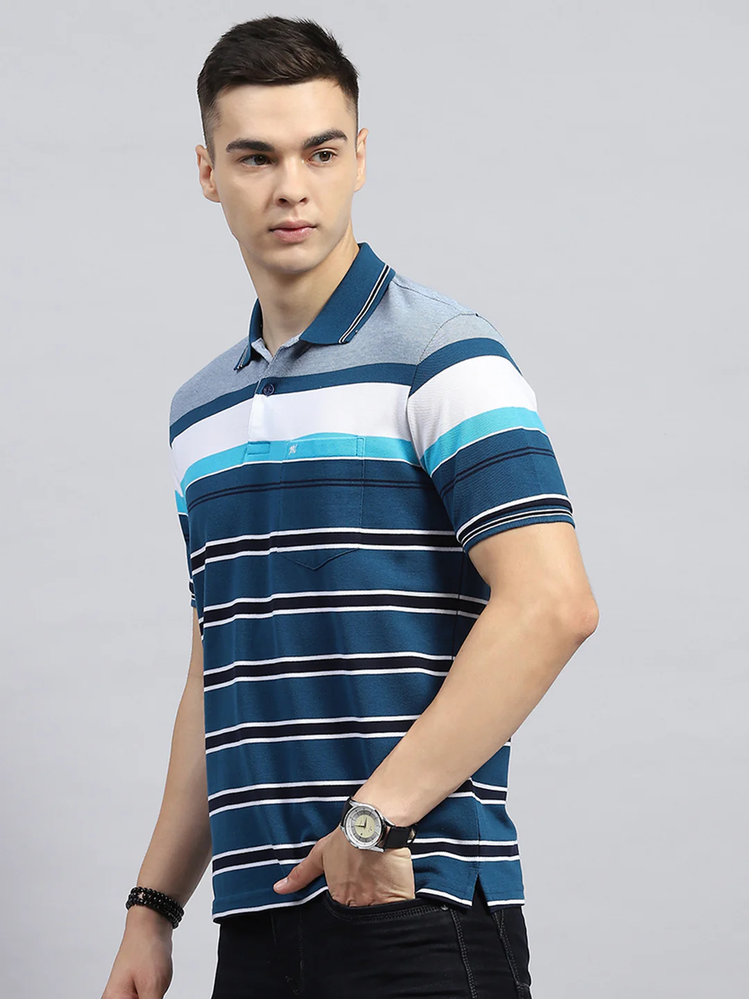 Men Blue Stripe Collar Half Sleeve T-Shirt - Image 3
