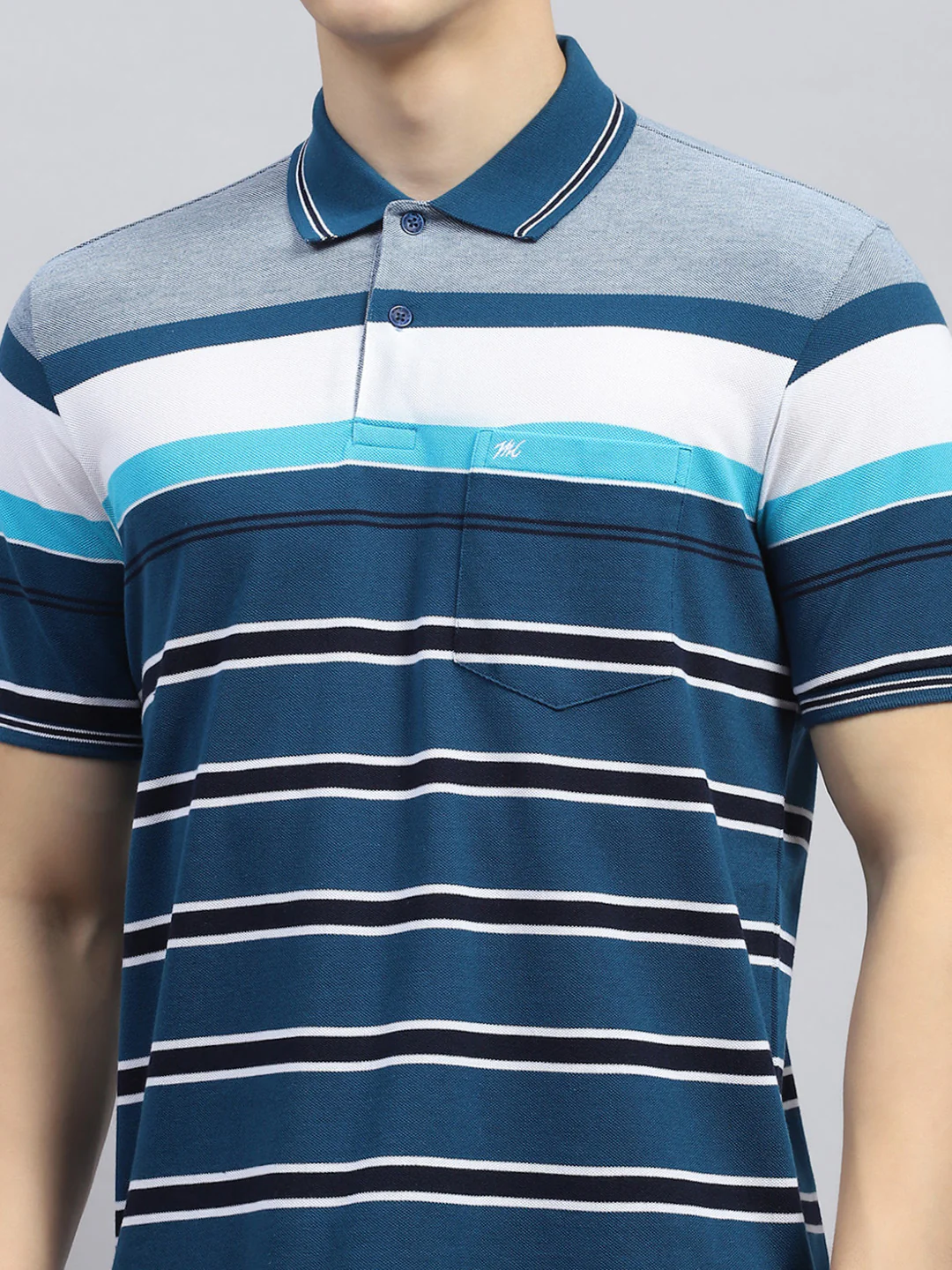 Men Blue Stripe Collar Half Sleeve T-Shirt - Image 6