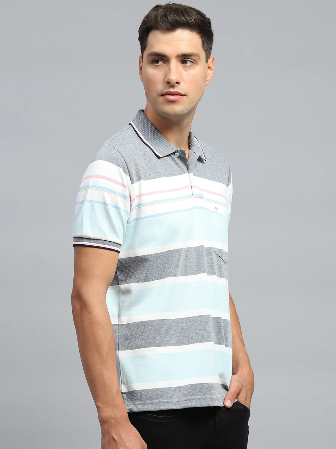 Men Blue Stripe Collar Half Sleeve T-Shirt - Image 4