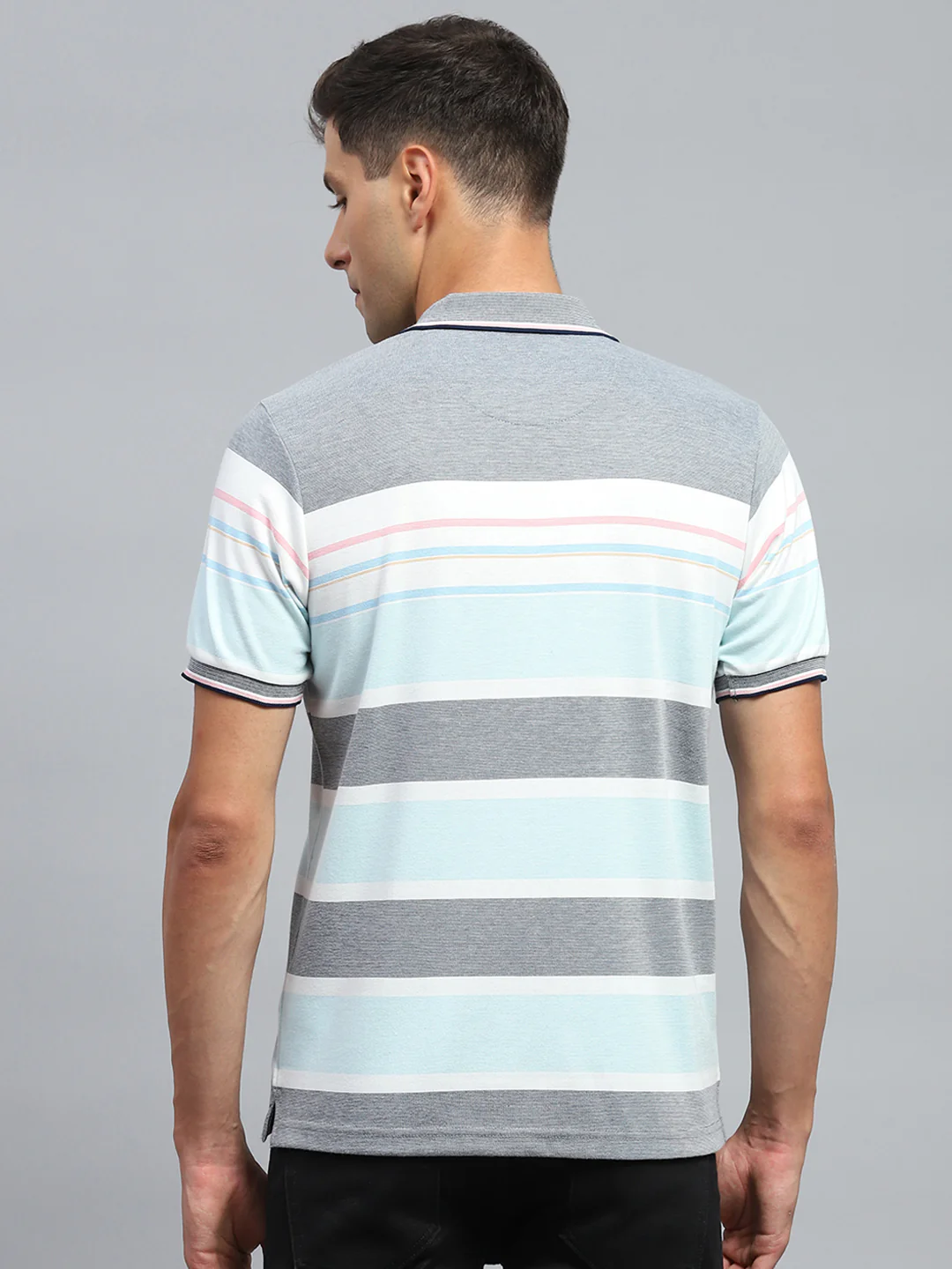 Men Blue Stripe Collar Half Sleeve T-Shirt - Image 5