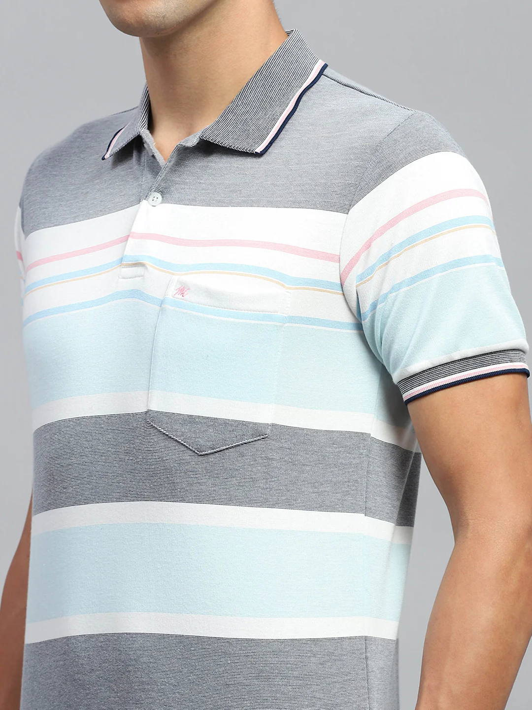 Men Blue Stripe Collar Half Sleeve T-Shirt - Image 6