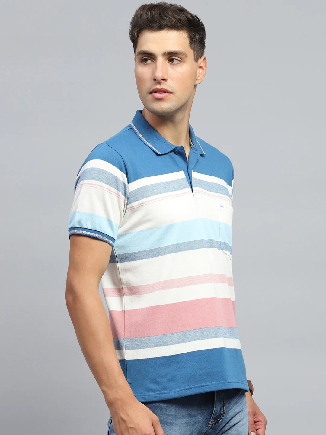 Men Blue Stripe Collar Half Sleeve T-Shirt - Image 4