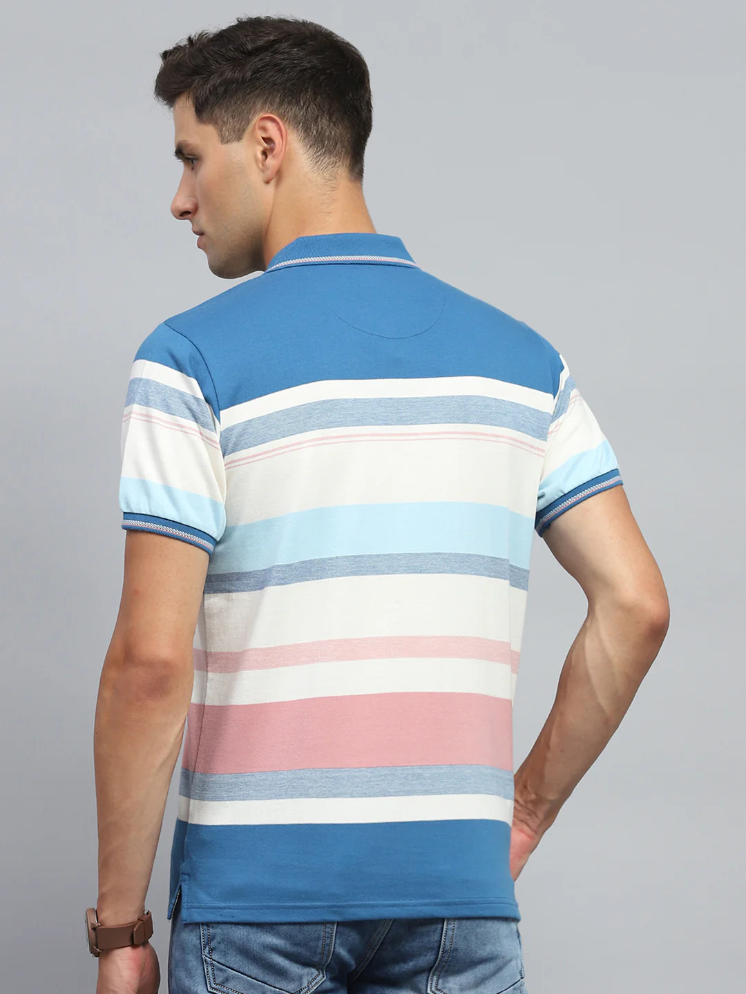 Men Blue Stripe Collar Half Sleeve T-Shirt - Image 5