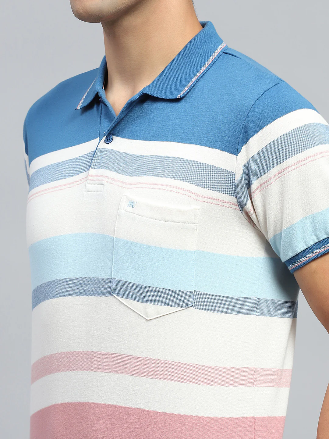 Men Blue Stripe Collar Half Sleeve T-Shirt - Image 6