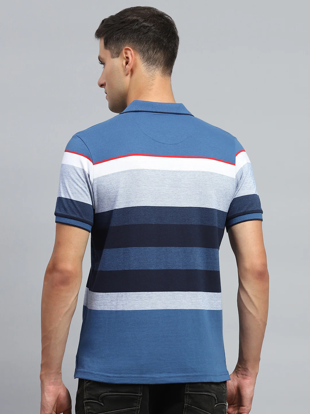 Men Blue Stripe Collar Half Sleeve T-Shirt - Image 5