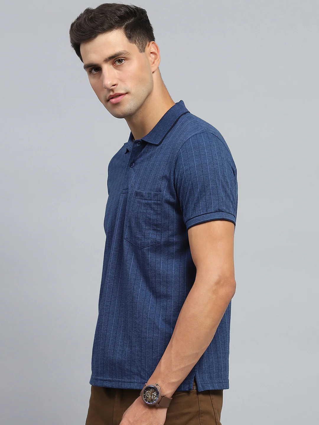 Men Blue Stripe Collar Half Sleeve T-Shirt - Image 3