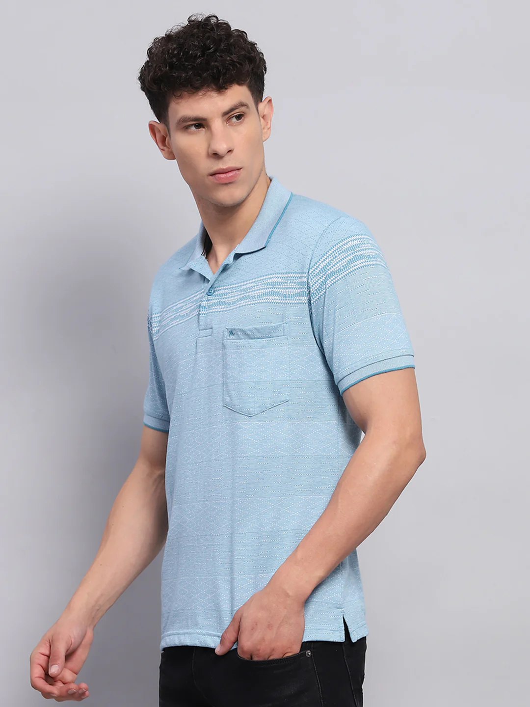 Men Blue Stripe Collar Half Sleeve T-Shirt - Image 3