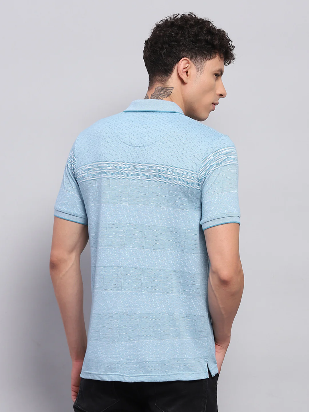 Men Blue Stripe Collar Half Sleeve T-Shirt - Image 5