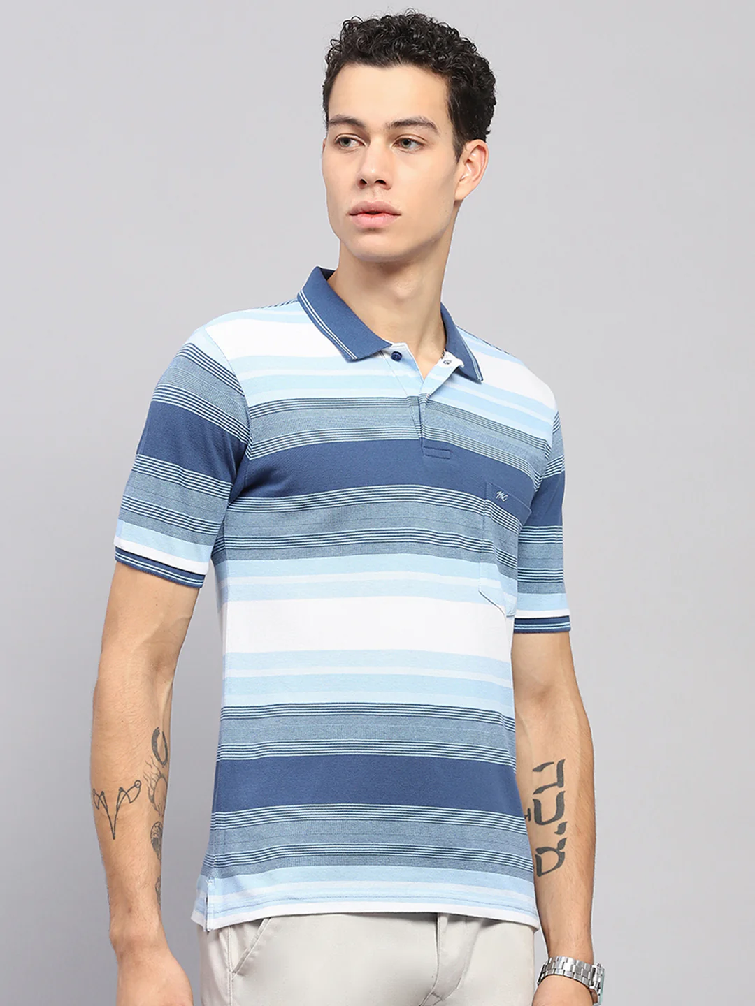 Men Blue Stripe Collar Half Sleeve T-Shirt - Image 4