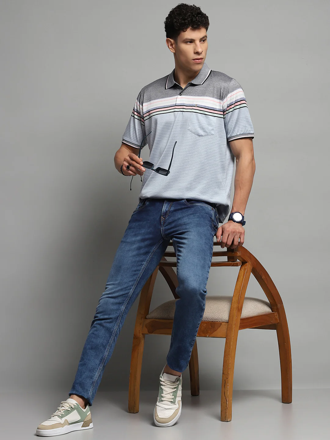 Luxuria Men Blue Stripe Collar Half Sleeve T-Shirt - Image 2