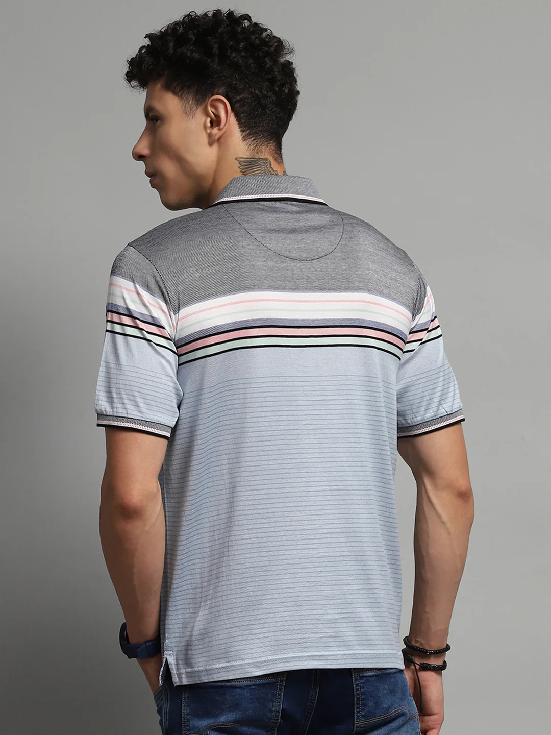Luxuria Men Blue Stripe Collar Half Sleeve T-Shirt - Image 5