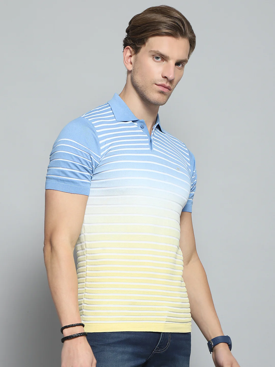 Men Blue Stripe Collar Half Sleeve T-Shirt - Image 4