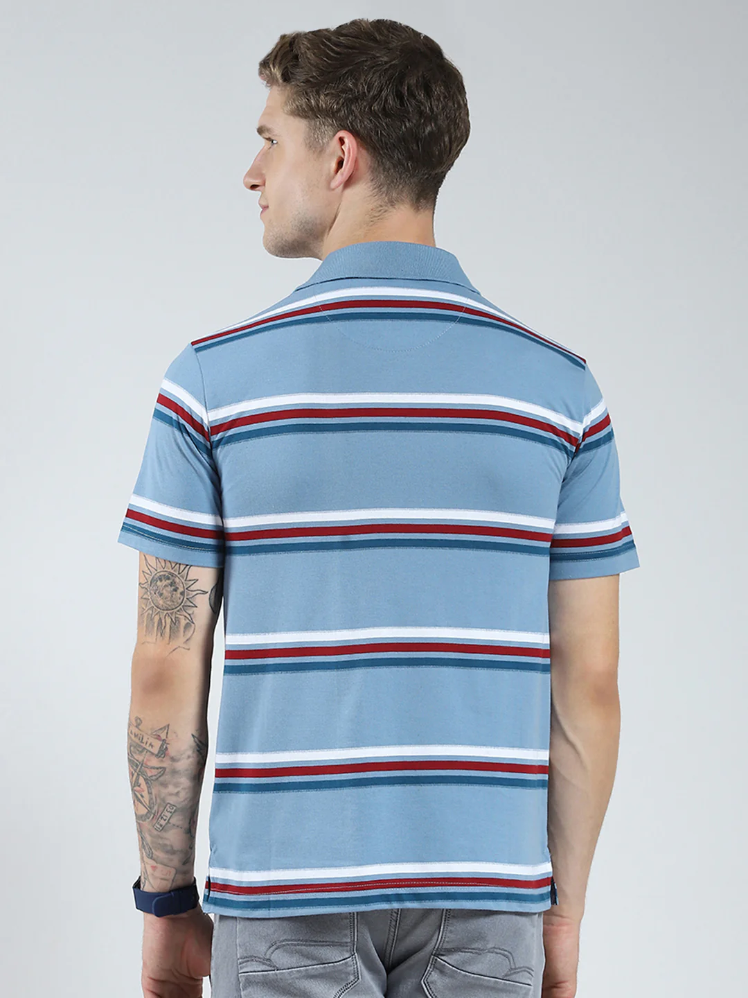 Men Blue Stripe Collar Half Sleeve T-Shirt - Image 5