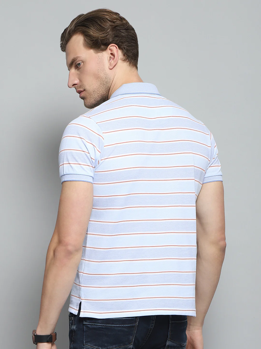 Men Blue Stripe Collar Half Sleeve T-Shirt - Image 5