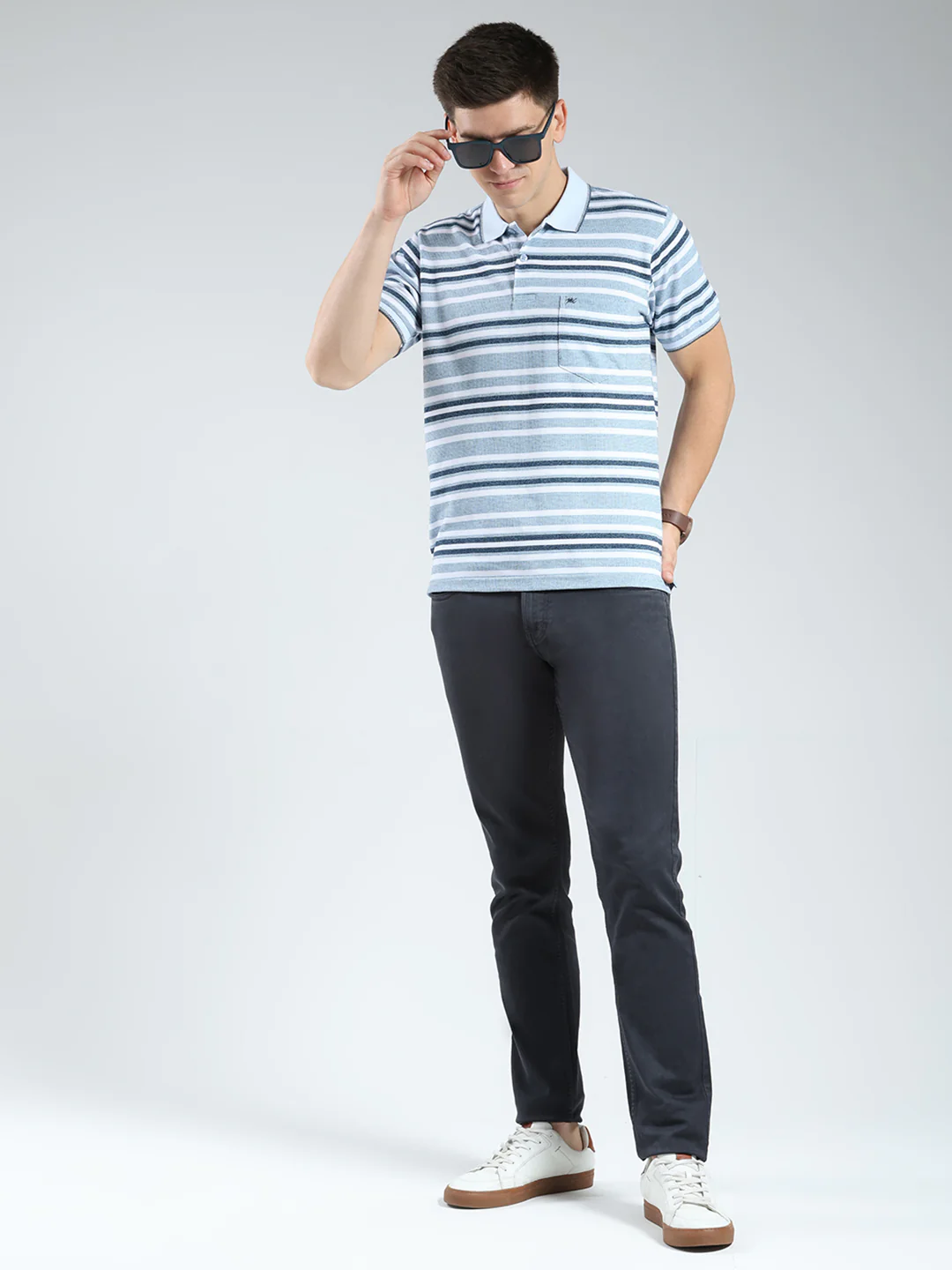 Men Blue Stripe Collar Half Sleeve T-Shirt - Image 2