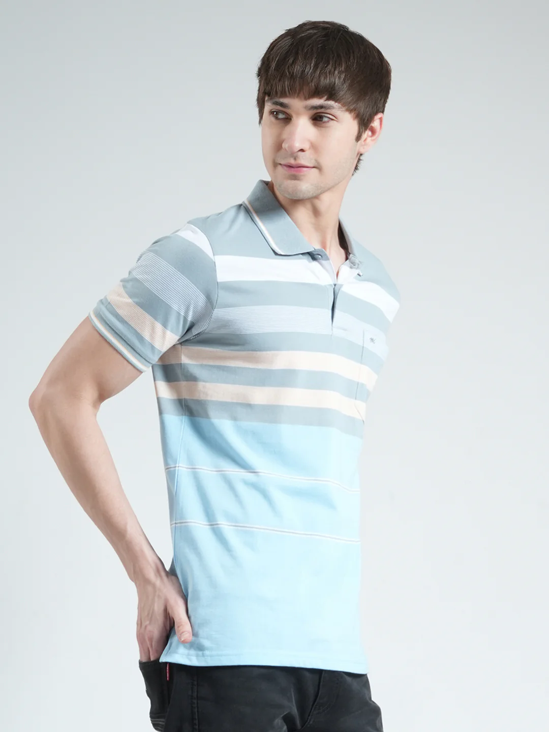 Men Blue Stripe Collar Half Sleeve T-Shirt - Image 4