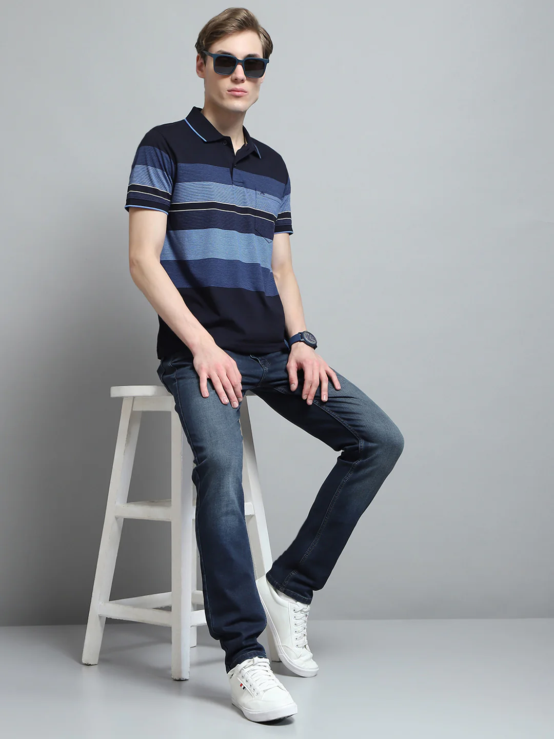 Men Blue Stripe Collar Half Sleeve T-Shirt - Image 2