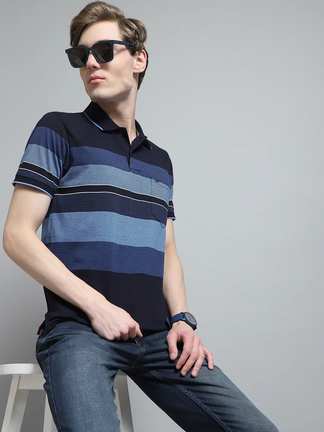 Men Blue Stripe Collar Half Sleeve T-Shirt - Image 6