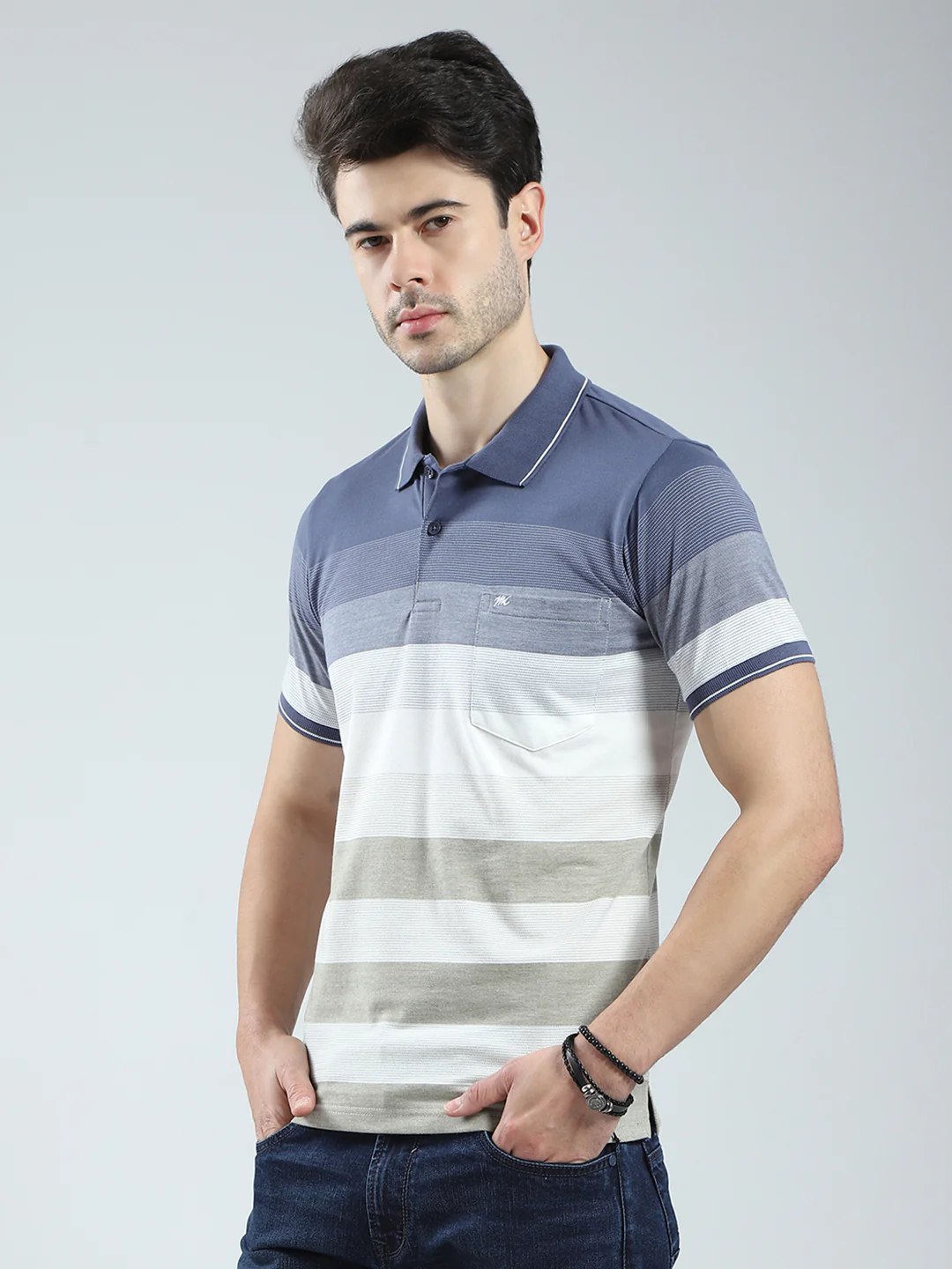 Men Blue Stripe Collar Half Sleeve T-Shirt - Image 3