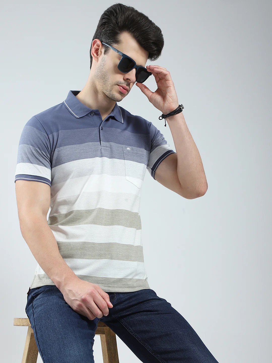 Men Blue Stripe Collar Half Sleeve T-Shirt - Image 6