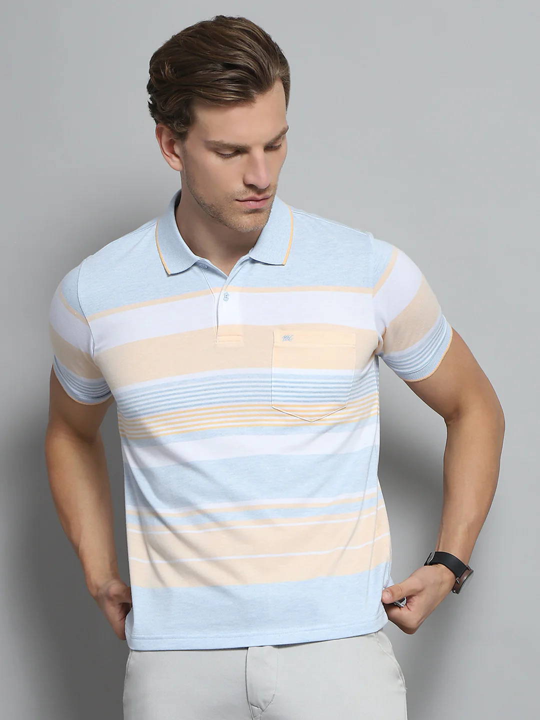 Men Blue Stripe Collar Half Sleeve T-Shirt
