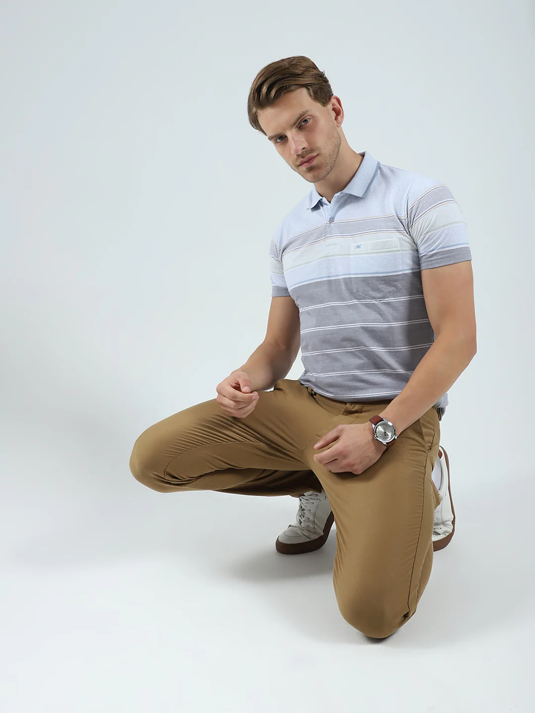 Men Blue Stripe Collar Half Sleeve T-Shirt - Image 2
