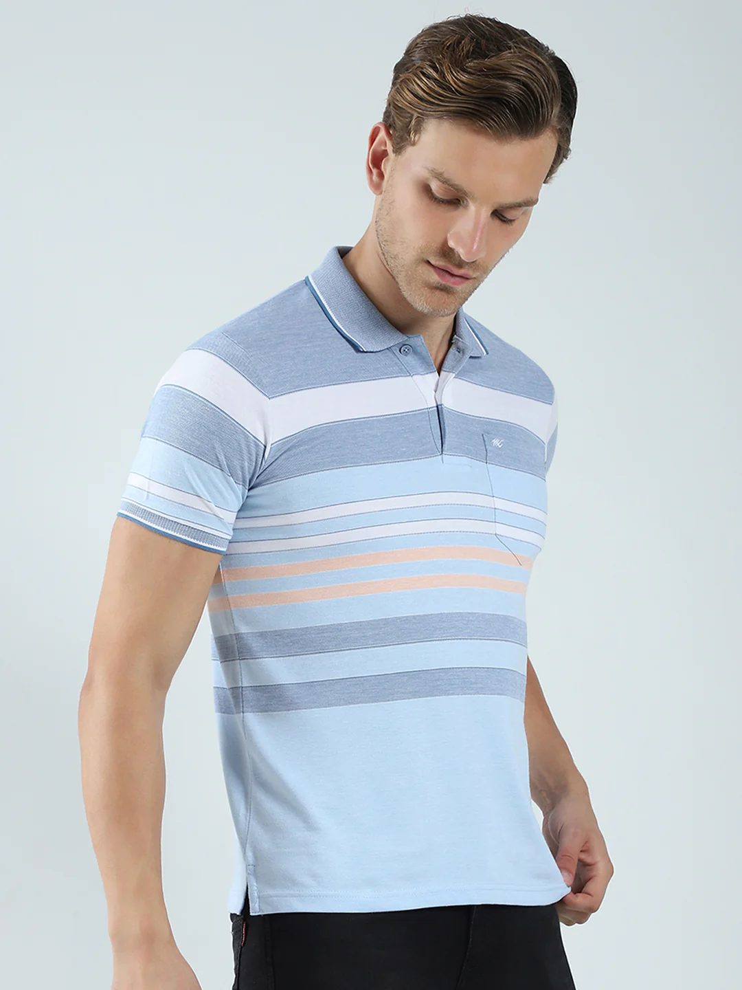 Men Blue Stripe Collar Half Sleeve T-Shirt - Image 4