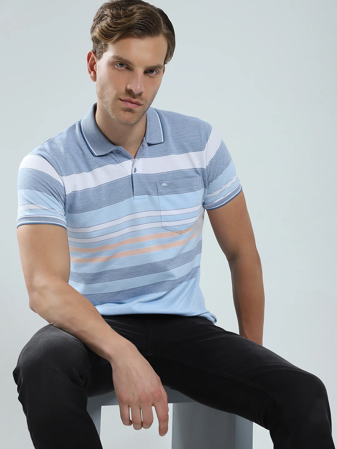 Men Blue Stripe Collar Half Sleeve T-Shirt - Image 6