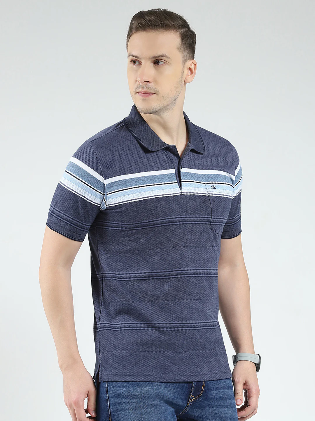 Men Blue Stripe Collar Half Sleeve T-Shirt - Image 4