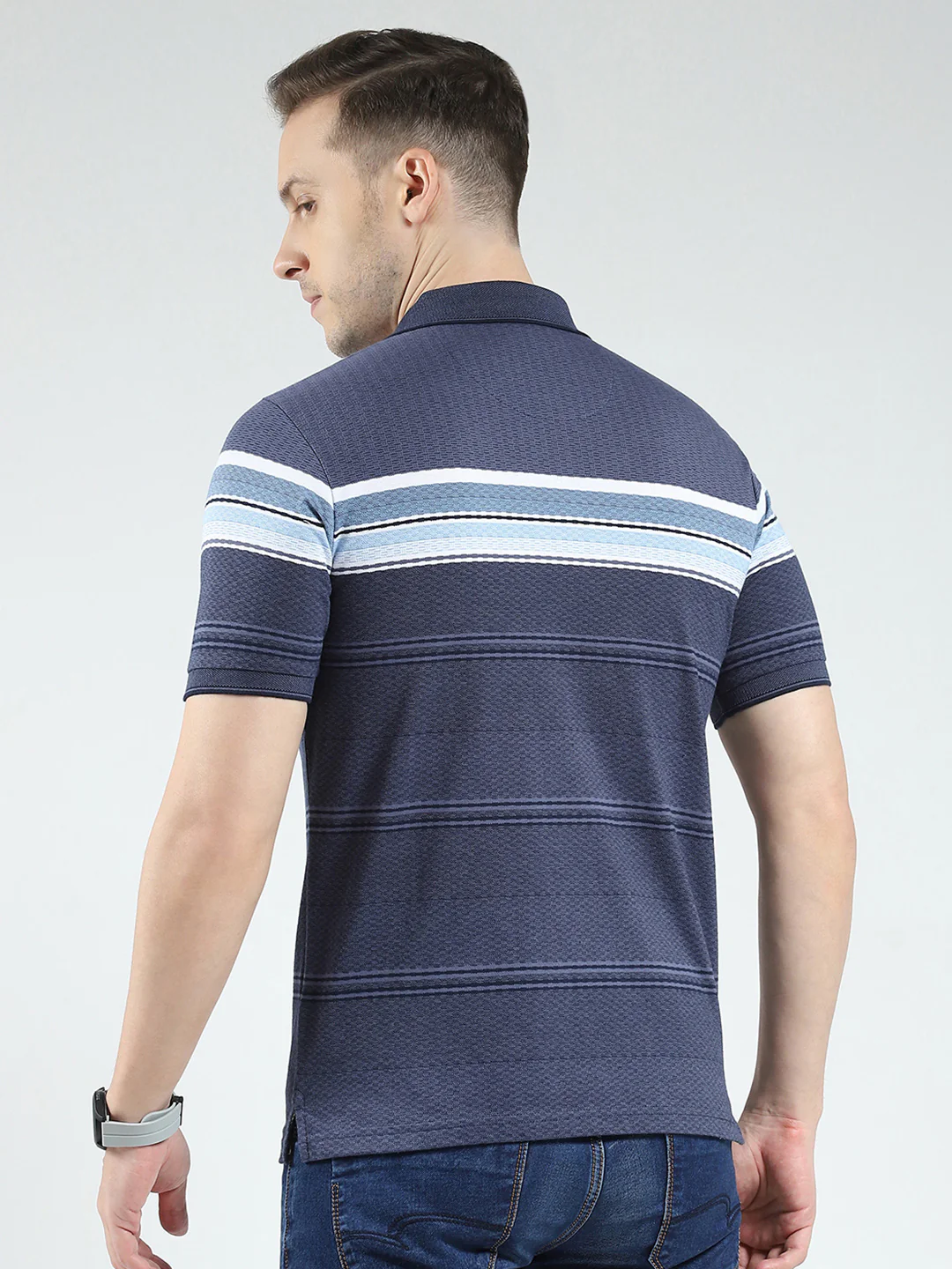 Men Blue Stripe Collar Half Sleeve T-Shirt - Image 5