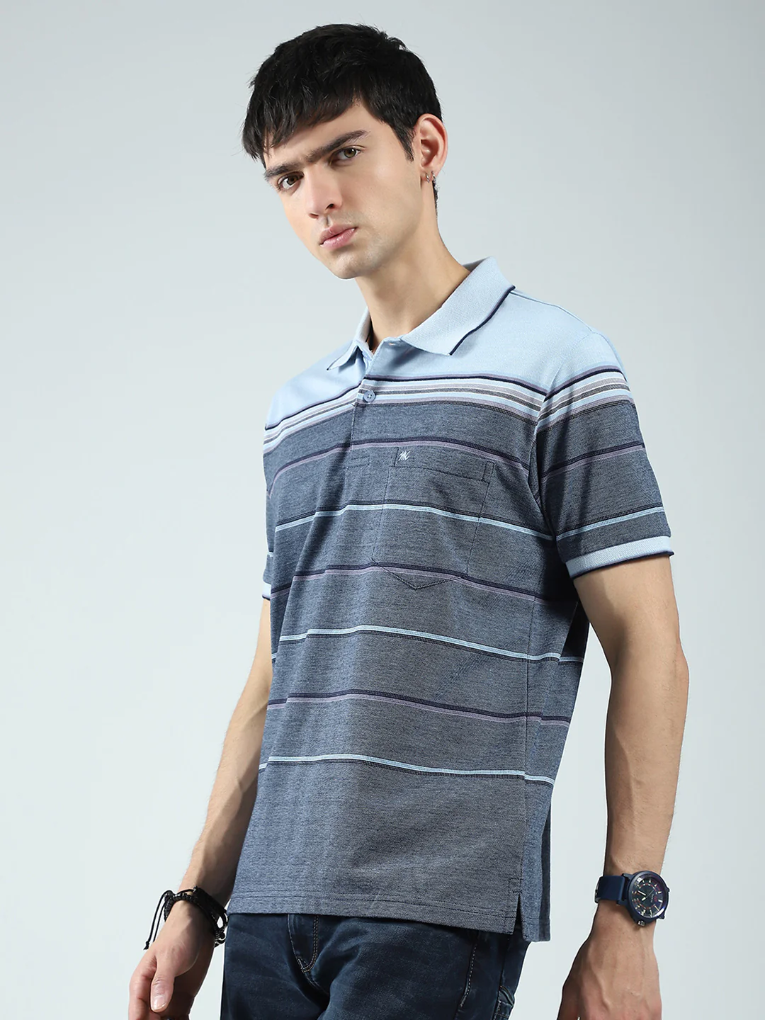 Men Blue Stripe Collar Half Sleeve T-Shirt - Image 3