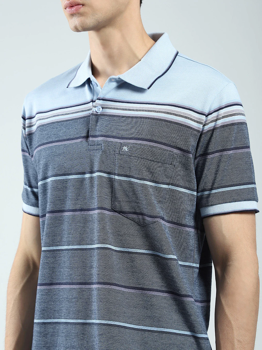 Men Blue Stripe Collar Half Sleeve T-Shirt - Image 6