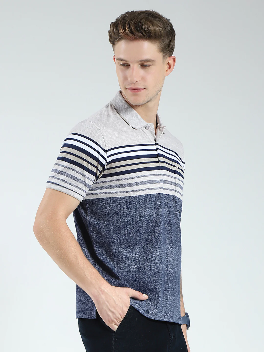 Men Blue Stripe Collar Half Sleeve T-Shirt - Image 4
