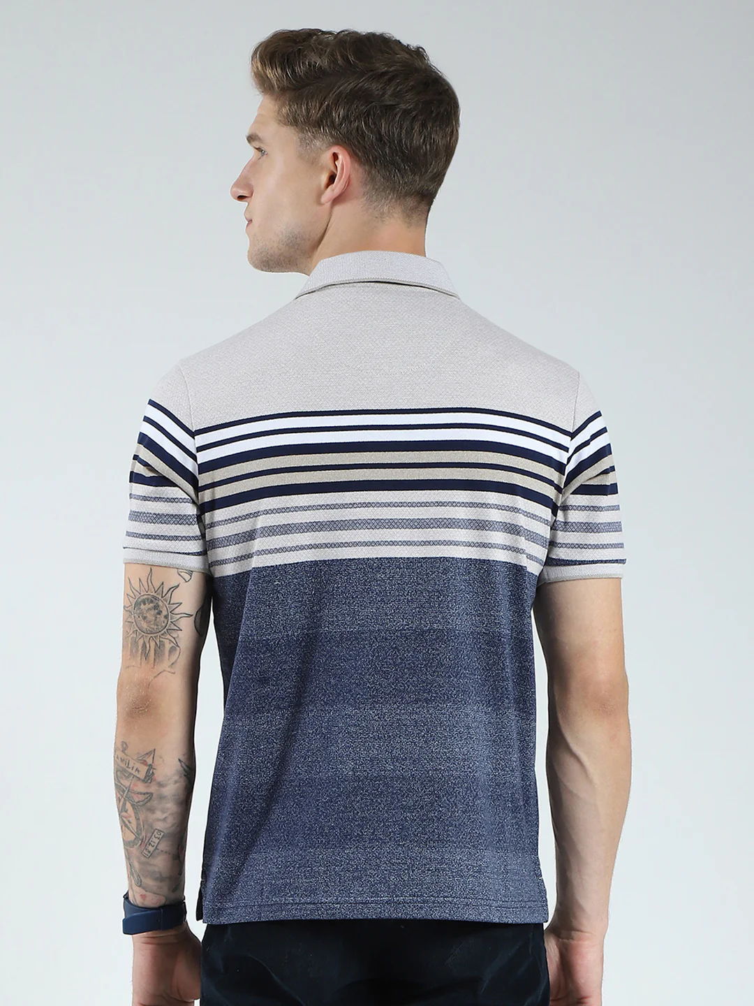 Men Blue Stripe Collar Half Sleeve T-Shirt - Image 5