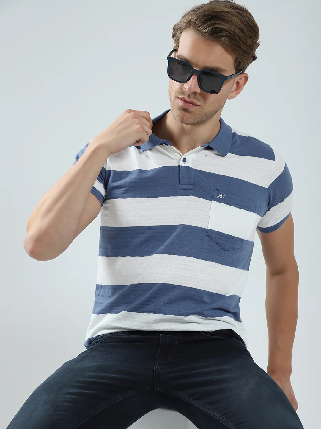 Men Blue Stripe Collar Half Sleeve T-Shirt - Image 6