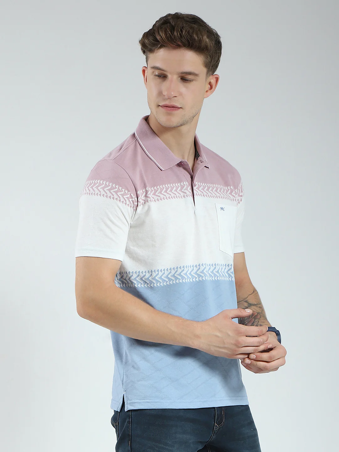 Men Blue Stripe Collar Half Sleeve T-Shirt - Image 4