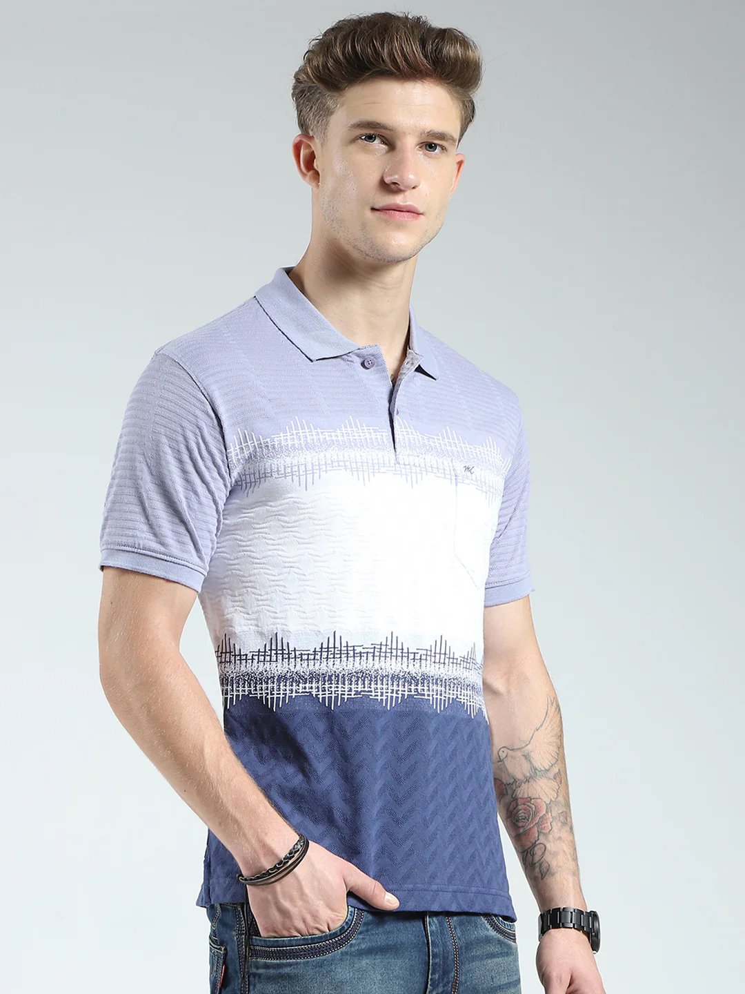 Men Blue Stripe Collar Half Sleeve T-Shirt - Image 4